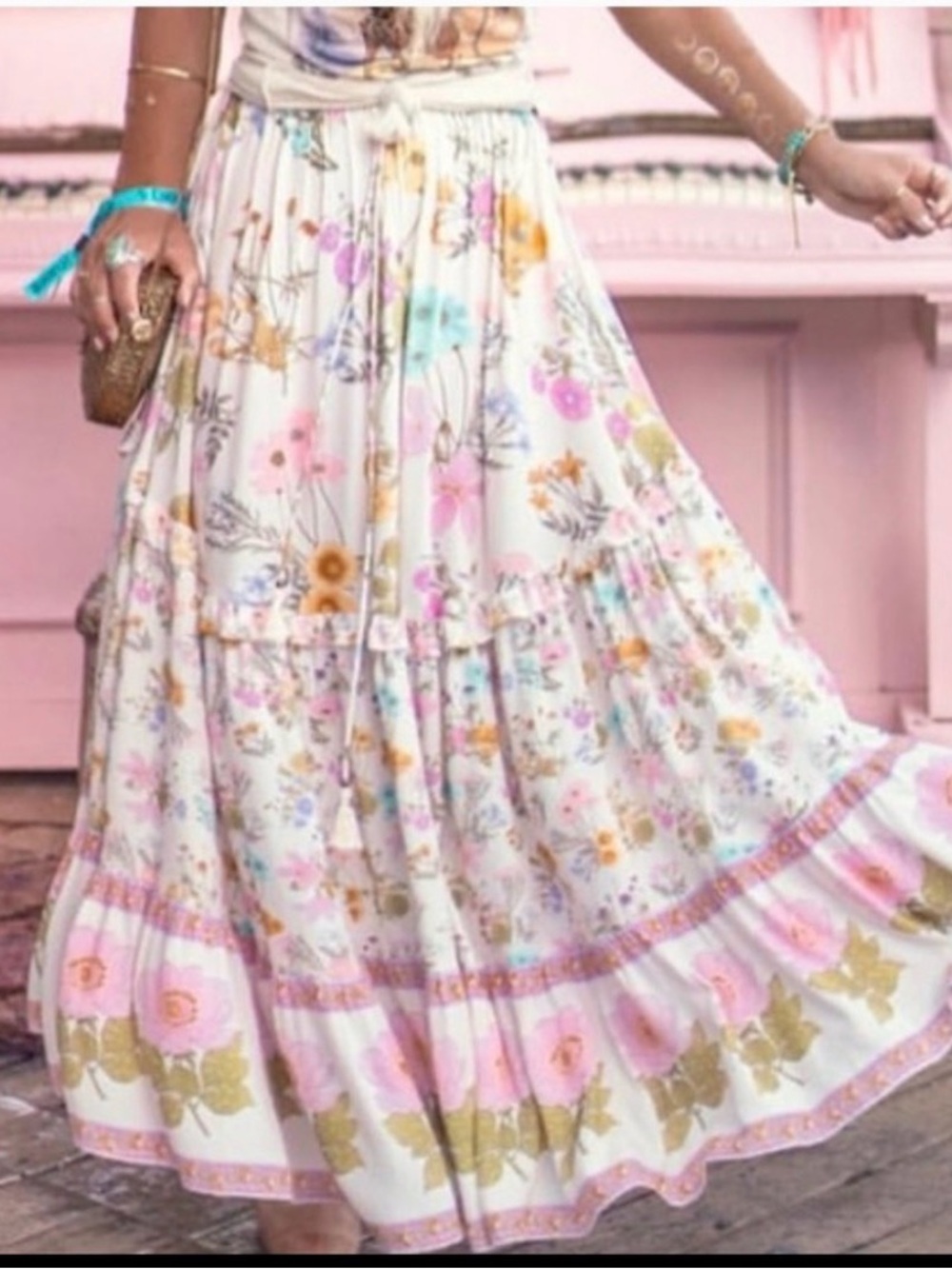 Spell Wild Bloom NWT White Floral Tiered Maxi Skirt with Pastel Accents